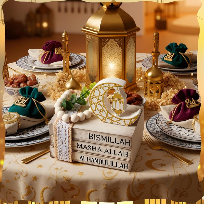 Anglechic Ramadan Decorations for Home Eid Mubarak Decorations Wood Ramadan Table Sign Golden Moon Eid Tiered Tray Sign for Islamic Muslim Table Indoor Shelf Office Gifts - Image 5